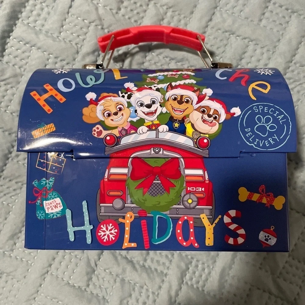 Paw Patrol Blue Holiday Round Top Tin Carry-All Lunch Box 7x6x4 Inch New
